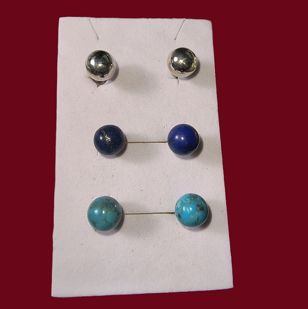 3 Pairs Sterling Silver 8mm Round  Post Earrings Lapis, Turquoise And Silver